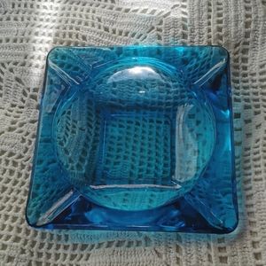 Vintage Blue Glass Square Ashtray